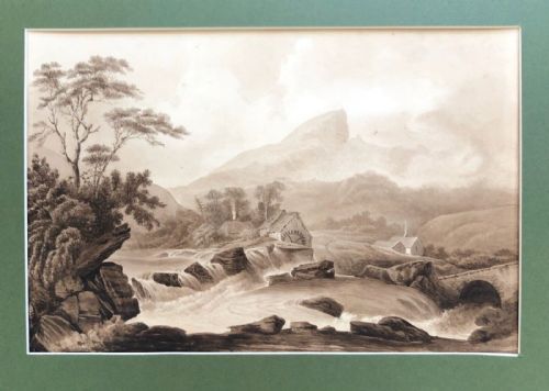 fig 1. Killin & Loch Tay Scotland Original Antique Grisaille Watercolour Painting Bridge Mountains Scottish Landscape