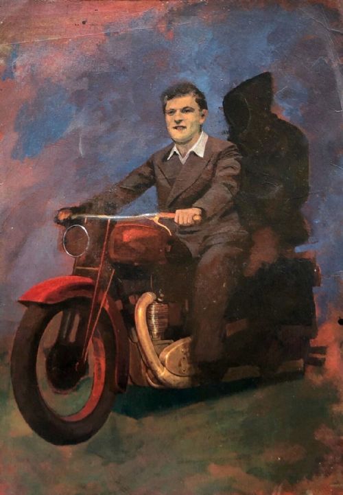 Paul Slater Rca Original Mid 20th Century Oil Painting on Card Vintage Motorbike with Rider Study
