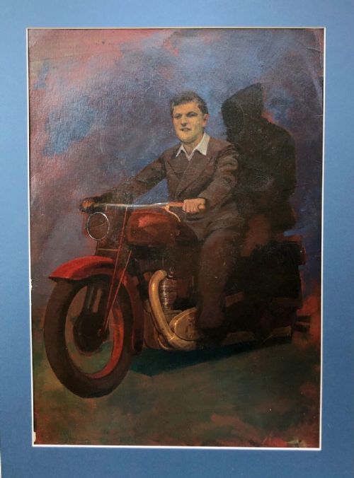 fig 1. Paul Slater RCA Original Mid 20th Century Oil Painting on Card Vintage Motorbike with Rider Study
