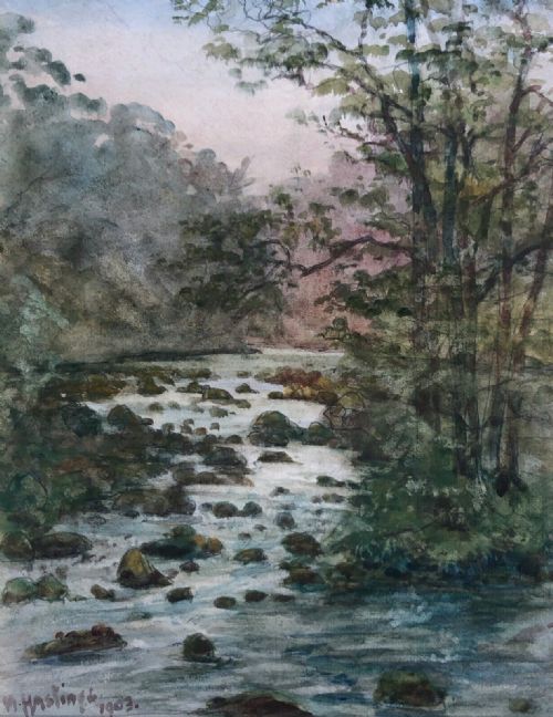 Signed W Hastings 1903 Original Antique Watercolour Painting Waterfall & Woodland English Landscape