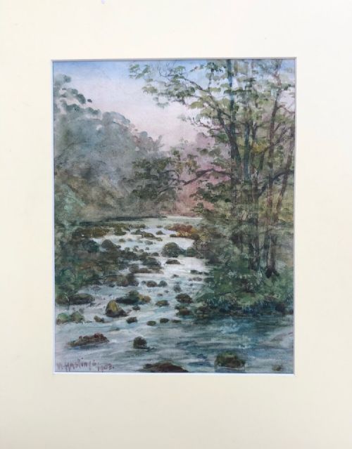 fig 1. Signed W Hastings 1903 Original Antique Watercolour Painting Waterfall & Woodland English Landscape