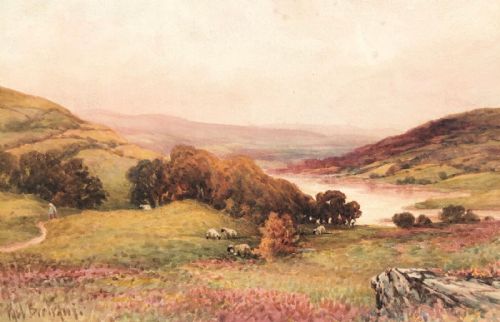 Paul Bertram Aka William Henry Pigott Original 19th Century Antique Watercolour Painting English Moorland Landscape with Sheep.