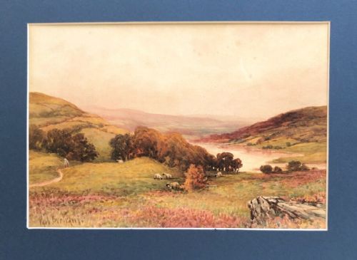 fig 1. Paul Bertram aka William Henry Pigott Original 19th Century Antique Watercolour Painting English Moorland Landscape with Sheep.