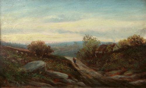 Signed Indistinctly Antique Oil Painting on Board Moorland Landscape with Figure & Sheep
