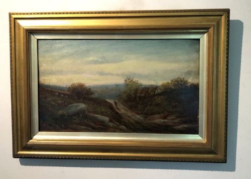 fig 1. An antique oil painting on board depicting a moorland landscape with a dirt path, rustic cottage, and distant horizon under a soft sky.