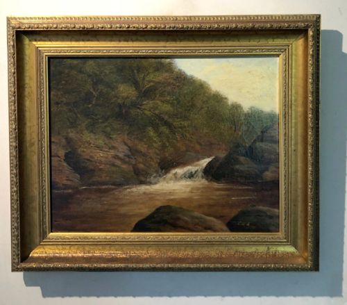 fig 1. Signed with Initials EHS 1878 Original 19th Century Antique Oil Painting on Canvas River Rapids in a Wooded Landscape