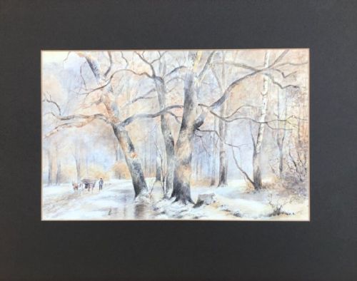 fig 1. Signed Mahler early 20th Century Original Watercolour Painting Winter Woodland Landscape with Horse & Cart