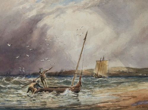 fig 1. Signed Copley Fielding Original 19th Century Antique Watercolour Painting Seascape Fishing English Landscape