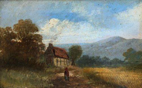 British School Indistinctly Signed 19th Century Antique Oil Painting on Panel Cottage & Figure Corn Field English Landscape