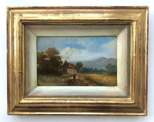 fig 1. British School Indistinctly Signed 19th Century Antique Oil Painting on Panel Cottage & Figure Corn Field English Landscape