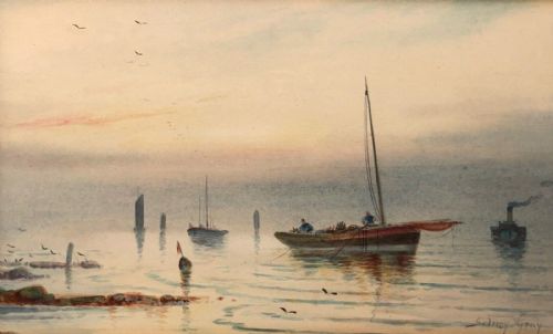 Sidney Gray Signed Original Late 19th Century English Antique Watercolour Painting Seascape Figures in a Boat
