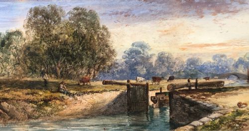 Lennard Lewis 1890 Signed Original 19th Century Antique Watercolour Painting River Loch & Cattle English Landscape