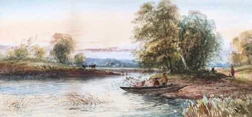 Lennard Lewis 1890 Signed Original 19th Century Antique Watercolour Painting River & Cattle English Landscape