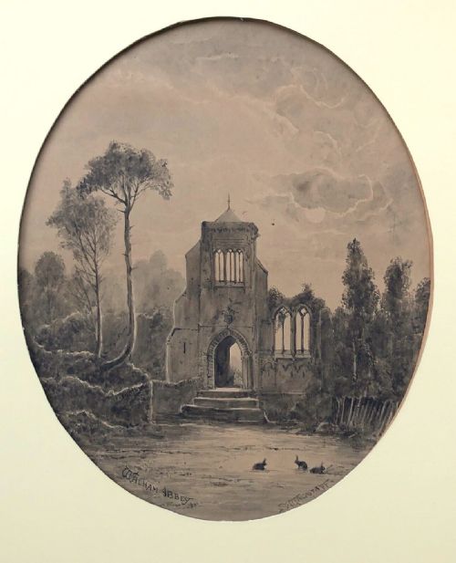 S Wagstaff Signed Original 19th Century Antique Grisaille Watercolour Painting View of Waltham Abbey Essex English Landscape