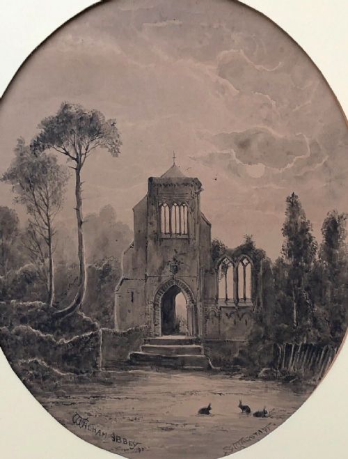 fig 1. S WAGSTAFF Signed Original 19th Century Antique Grisaille Watercolour Painting View of Waltham Abbey Essex English Landscape