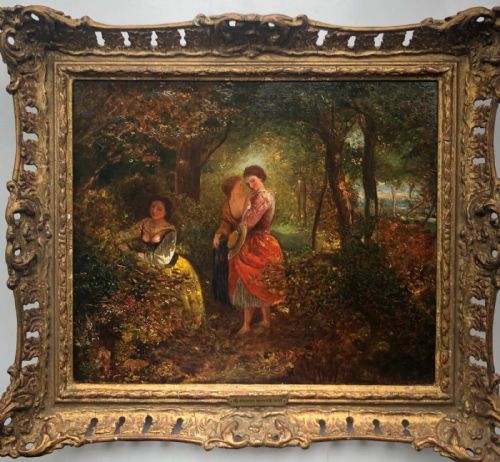 fig 1. AUGUSTUS JULES BOUVIER (1827-1881) 1953 Signed Original 19th Century Antique Oil Painting on Canvas 'Girls in a Wood'