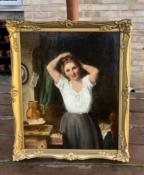 fig 1. Original Antique Oil Painting on Wood Panel Portrait of a Lady Standing in a Cottage Bedroom Interior