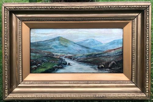fig 1. E Haigh 1920 Signed Original Early 19th Century Antique Oil Painting on Canvas Scottish Highland & Sheep Landscape
