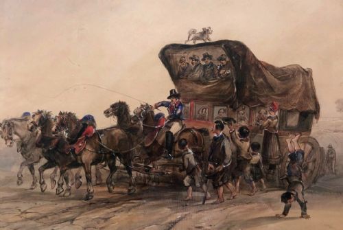 George Bryant Campion Original Mid 19th Century Antique Watercolour Painting Titled "A French Diligence Near Boulogne" Figures Coach & Horses