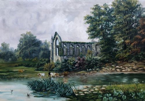 fig 1. Signed A Hanson 1903 Original Antique Oil Painting on Canvas Bolton Abbey & Cattle in River Yorkshire Landscape 