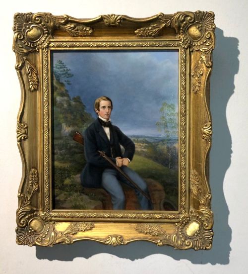Amj Dodsley 1864 Signed Original Mid 19th Century Antique Oil Painting on Board Portrait of a Victorian Gentleman with a Sporting Gun