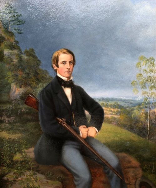 fig 1. AMJ Dodsley 1864 Signed Original mid 19th Century Antique Oil Painting on Board Portrait of a Victorian Gentleman with a Sporting Gun