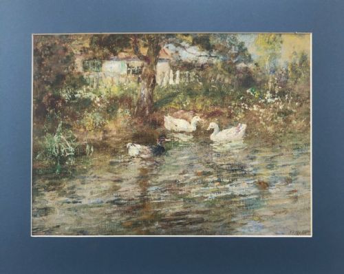 John Falconer Slater Signed Original Early 20th Century Antique Watercolour Gouache Painting Cottage , River & Ducks English Landscape