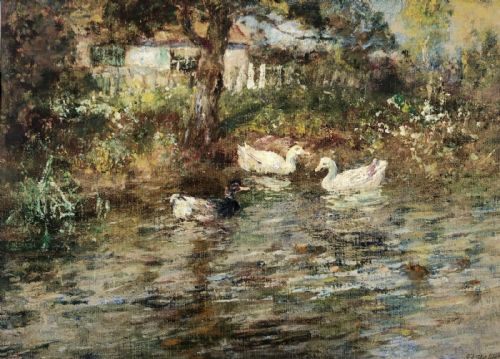 fig 1. John Falconer Slater Signed Original early 20th Century Antique watercolour Gouache Painting Cottage , River & Ducks English Landscape