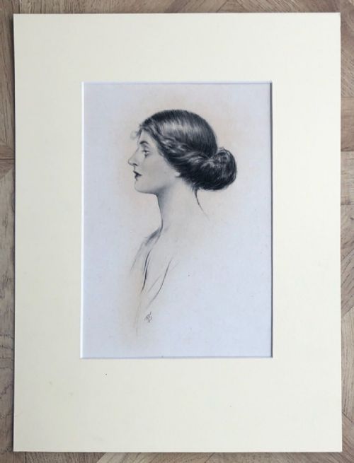 fig 1. Monogramed R.G. Original late 19th Century Antique Pencil Drawing Young Lady Profile Portrait Study No 2