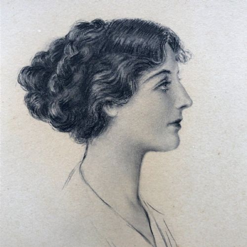 fig 1. Monogramed R.G. Original Circa 1900 Antique Pencil Drawing Young Lady profile Portrait Study No 1