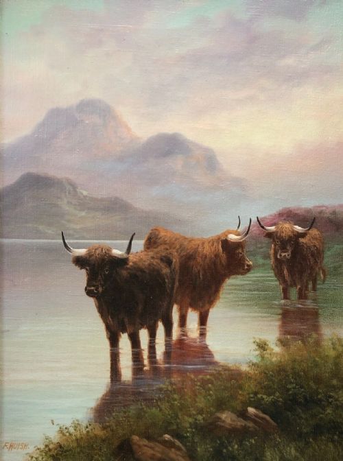 F Huish Signed Original Late 19th Century Antique Oil Painting on Canvas Highland Cattle Watering Loch & Mountains Scottish Landscape