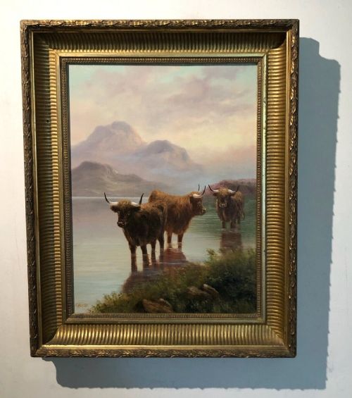 fig 1. F Huish Signed Original late 19th Century Antique Oil Painting on Canvas Highland Cattle Watering Loch & Mountains Scottish Landscape