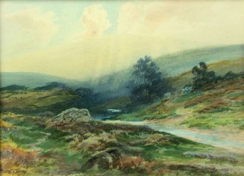 Indistinctly Signed Original 19th Century Antique Watercolour Painting of a Devon Valley English Landscape