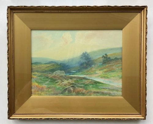 fig 1. Indistinctly Signed Original 19th Century Antique Watercolour Painting of a Devon Valley English Landscape