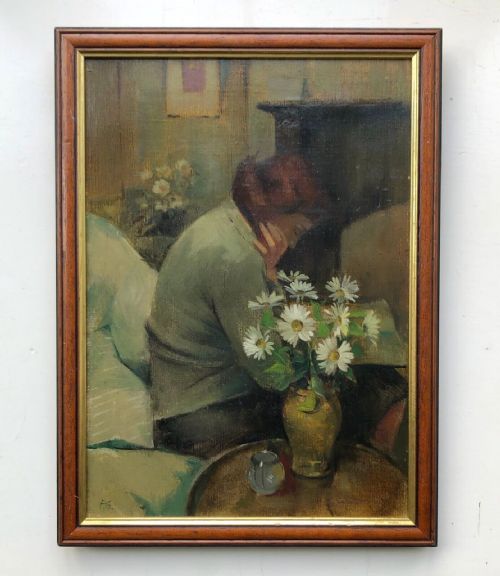 fig 1. Original peter Colville Horridge Gardner Signed Mid 20th Century Antique Oil Painting on Canvas Still Life Study of a Vase of Flowers & Woman Reading