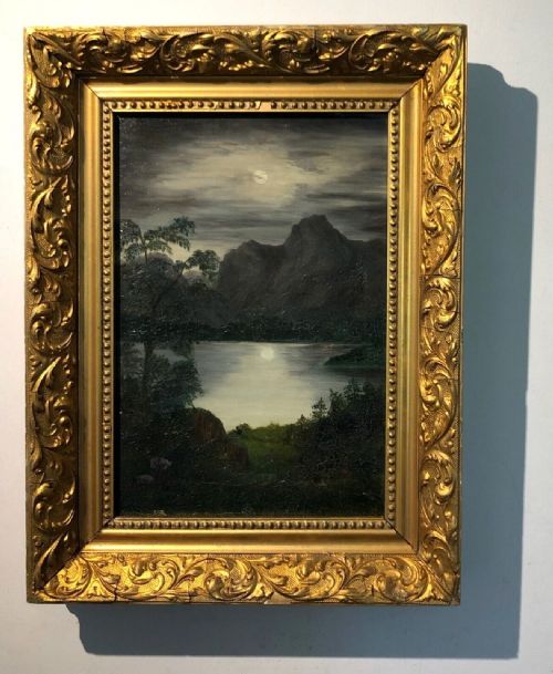 Attribributed to 'Bottomley' Original Late 19th Century Oil Painting on Canvas  Moonlit Lake Landscape Scene