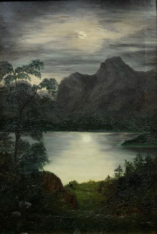 fig 1. Attribributed to 'Bottomley' Original Late 19th Century Oil Painting on Canvas  Moonlit Lake Landscape Scene