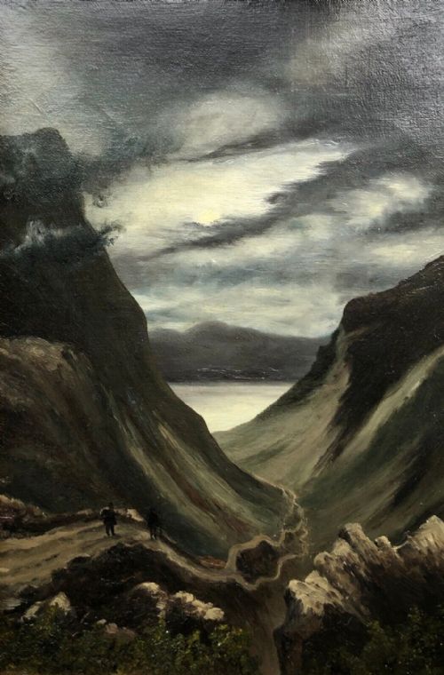 fig 1. Attribributed Verso 'Bottomley' Original late 19th Century Oil Painting on Canvas Moonlight Landscape