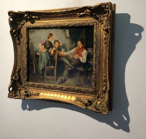 fig 1. After Hugo Kauffmann Original 20th Century German School Genre Oil Painting on Wooden Panel