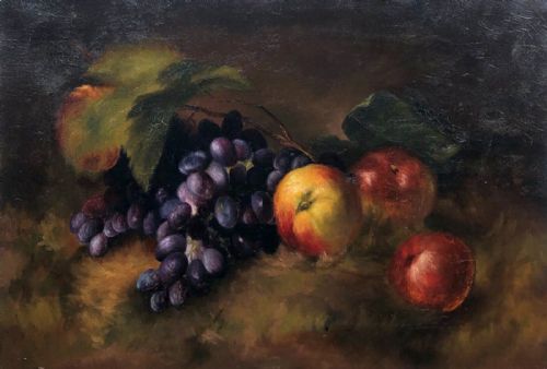 Original Antique Oil Painting on Canvas Still Life Study of Fruit, Apples & Grapes