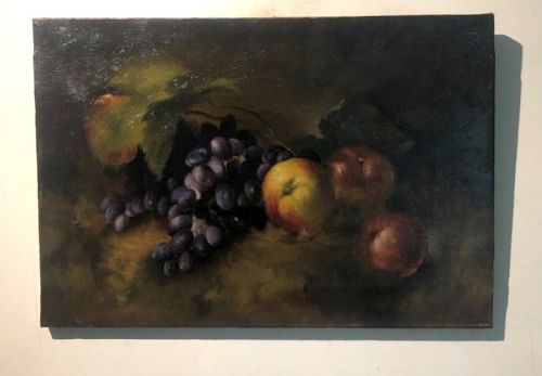fig 1. Original Antique Oil Painting on Canvas Still Life Study of Fruit, Apples & Grapes