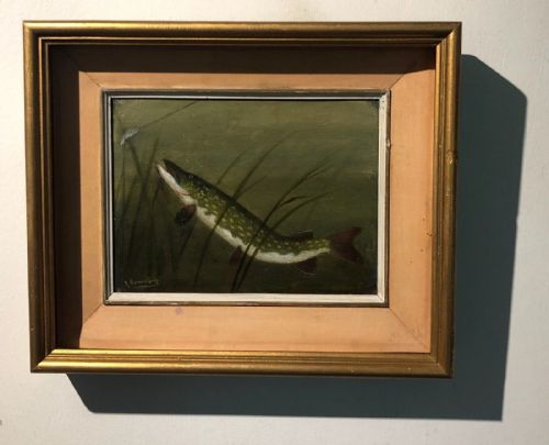 fig 1. A ROWLAND KNIGHT Signed Original 19th Century Antique Oil Painting on Canvas Fishing Angling Study of a Pike