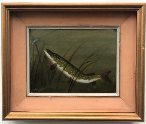 fig 3. A ROWLAND KNIGHT Signed Original 19th Century Antique Oil Painting on Canvas Fishing Angling Study of a Pike