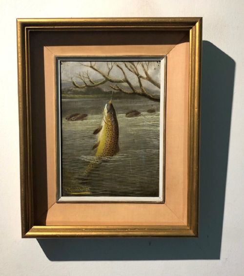 fig 1. A ROWLAND KNIGHT Signed Original Late 19th Century Antique Oil Painting on Canvas Fishing Angling Study of a Hooked Trout
