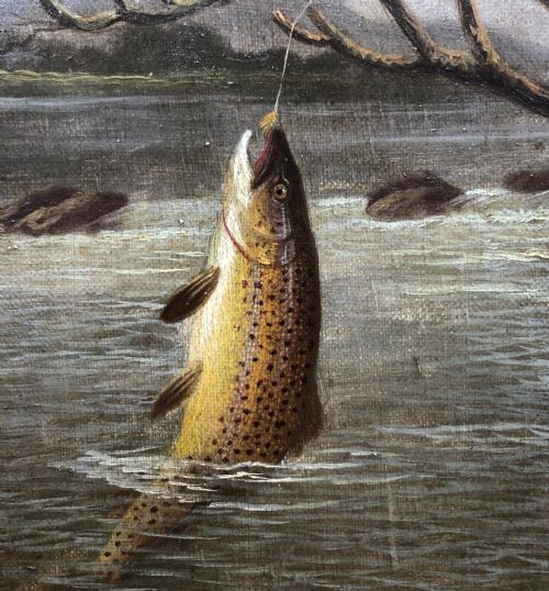 fig 3. A ROWLAND KNIGHT Signed Original Late 19th Century Antique Oil Painting on Canvas Fishing Angling Study of a Hooked Trout