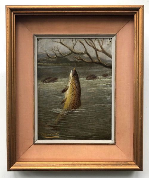 fig 4. A ROWLAND KNIGHT Signed Original Late 19th Century Antique Oil Painting on Canvas Fishing Angling Study of a Hooked Trout