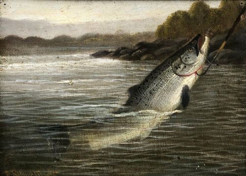 fig 3. A ROWLAND KNIGHT Signed Original 19th Century Antique Oil Painting on Canvas Fishing Angling Study of a Salmon being Landed with a Gaff