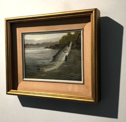 fig 4. A ROWLAND KNIGHT Signed Original 19th Century Antique Oil Painting on Canvas Fishing Angling Study of a Salmon being Landed with a Gaff