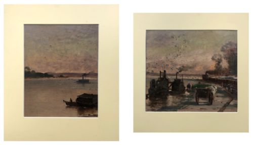 Adolf Kaufmann (Austrian 1848-1916)  2 X Original 19th Century Antique Oil Paintings on Card Steamboats on a River