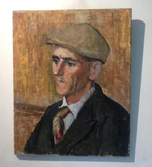 fig 1. Original mid 20th Century Northern Art Lowry Style Oil Painting on Canvas Portrait of a Man wearing a Cap, Tie & Overcoat